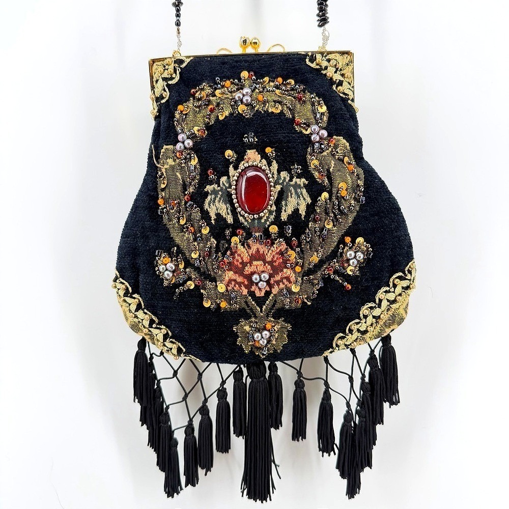 Mary Frances Black Beaded Gemstone Floral Clutch Evening Bag Purse